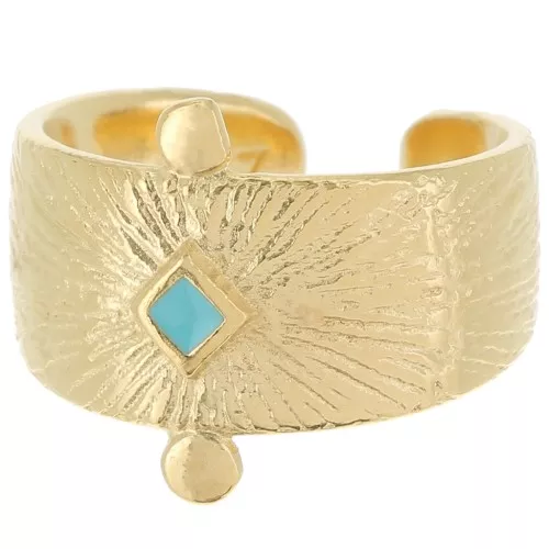Anillo étnico grande - resina epoxi - Talla 54 - Dorado - Turquesa
