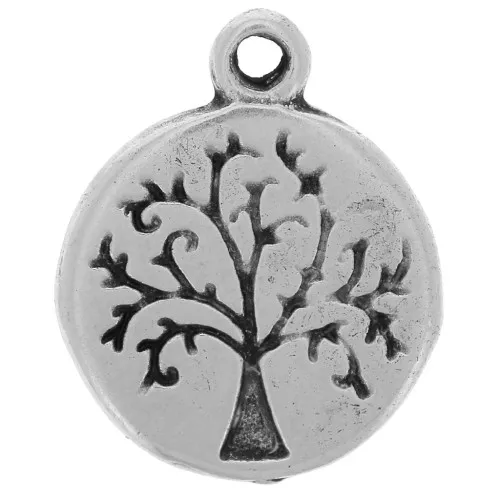 Charm redondo 12 mm - árbol de la vida y escritura - Plata envejecida x1