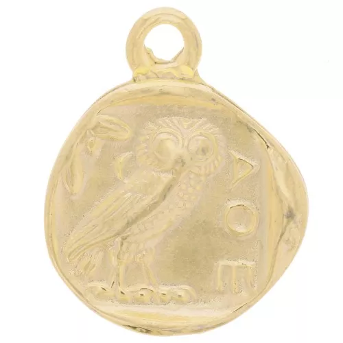 Colgante moneda griega 21 mm - diseño búho - Dorado con oro fino x1
