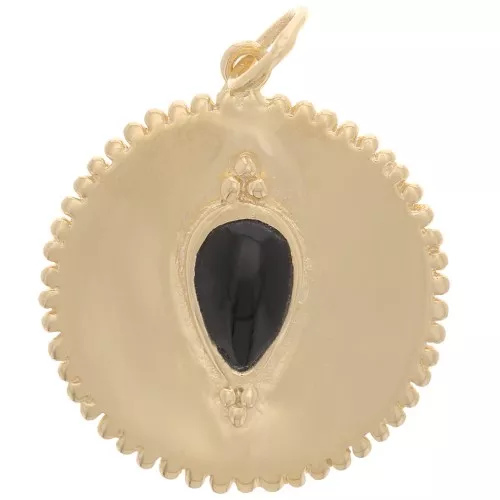 Colgante medalla dentada 19 mm - gema - Onix Negro - baño de oro 3 micras