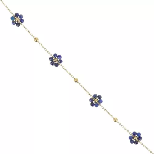 Cadena de piedras preciosas Forçat y flor - Acero inoxidable Dorado 304L - Lapislázuli x50cm