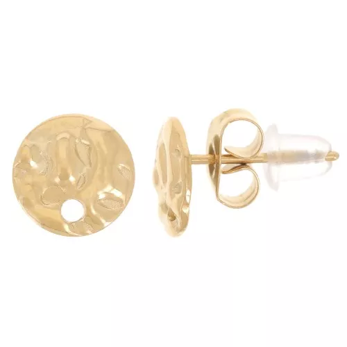 Pendientes redondos martillados de 8mm con agujero - Acero inoxidable dorado 316L x2