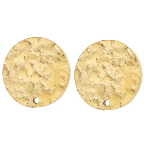 Pendientes redondos martillados 12mm con un agujero - Acero inoxidable 316L Dorado x2