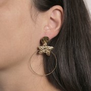 Pendientes redondos martillados 12mm con un agujero - Acero inoxidable 316L Dorado x2