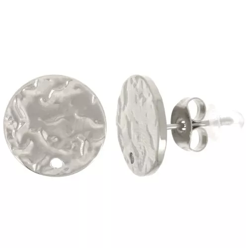 Pendientes redondos martillados 12 mm con agujero - Acero inoxidable 316L x2