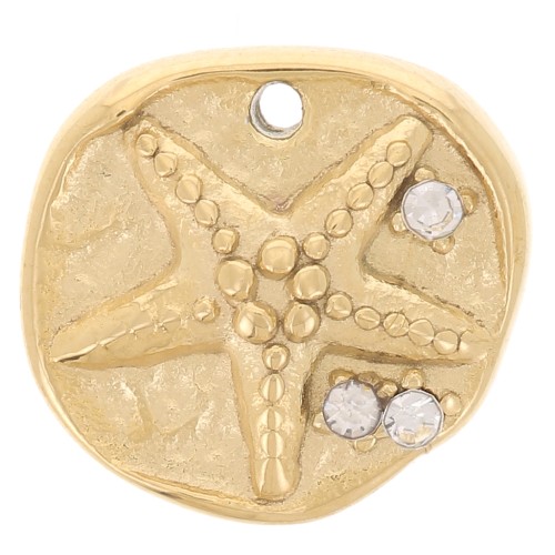 Colgante redondo irregular de 11 mm - Estrella de mar y CZ - Acero inoxidable chapado en oro 304L x1