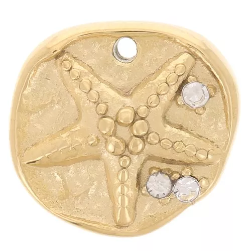 Colgante redondo irregular de 11 mm - Estrella de mar y CZ - Acero inoxidable chapado en oro 304L x1