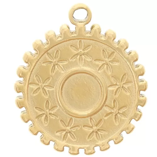 Dije redondo 15 mm - motivo flor - para cabujón 4 mm - acero inoxidable 304 Dorado x1