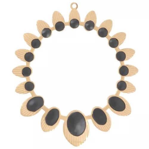 Colgante étnico redondo hueco de 34mm con resina epoxi - Acero inoxidable Dorado 304 - Negro