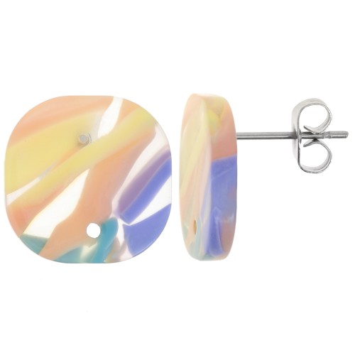 Pendientes redondos cuadrados de acetato 15 mm - Violeta jaspeado - Salmón x2