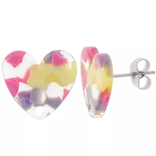 Tachuelas corazón acrílico 14x15,5 mm - Terrazzo Vainilla - Rosa Pastel x2