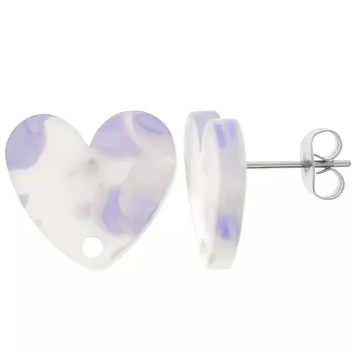 Tachuelas corazón acrílico  14x15,5 mm - Violeta terrazo - Blanco nacarado x2