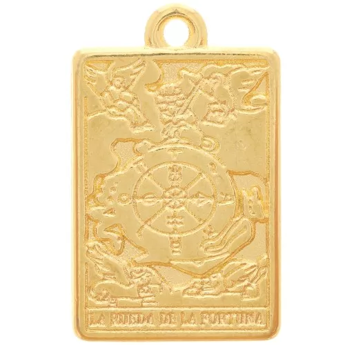 Colgante carta del Tarot 23x14 mm - Rueda de la Fortuna - Dorado con oro fino x1