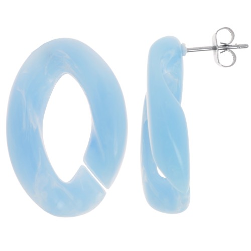 Pendientes Oval Twisted 29.5x20 mm - Azul claro jaspeado - Blanco x2