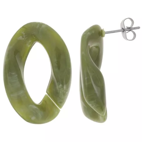 Pendientes Oval Twisted 29.5x20 mm - Oliva jaspeado - Blanco x2