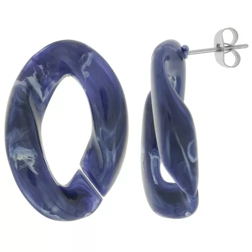 Pendientes retorcidos ovalados 29,5x20 mm - Azul noche jaspeado - Blanco x2