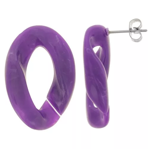 Pendientes retorcidos ovalados 29.5x20 mm - Violeta jaspeado - Blanco x2
