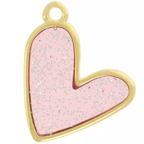 Colgante corazón 21x18 mm epoxy vitrail - Dorado oro fino - Rosa - Purpurina plata