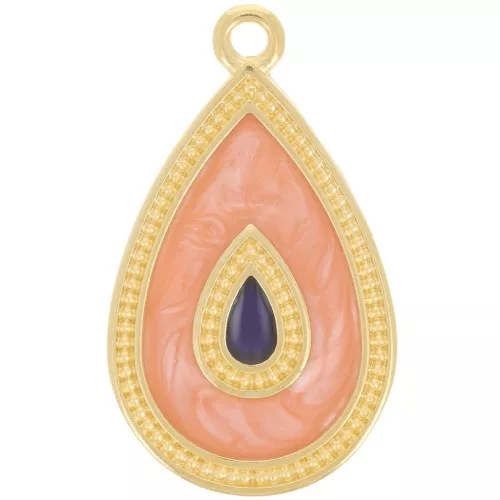 Colgante gota 27x16 mm con resina epoxi - Dorado con oro fino - Perla salmón x1