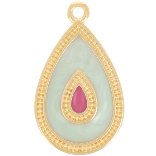 Colgante gota 27x16 mm con resina epoxi - Dorado con oro fino - Perla menta x1