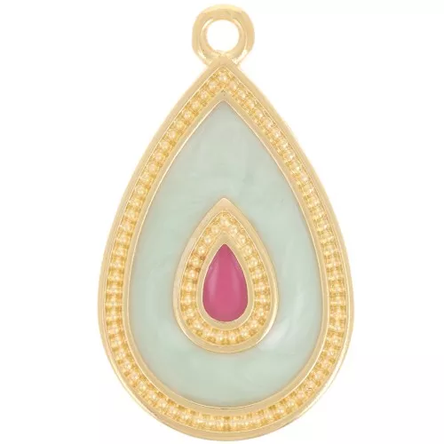 Colgante gota 27x16 mm con resina epoxi - Dorado con oro fino - Perla menta x1