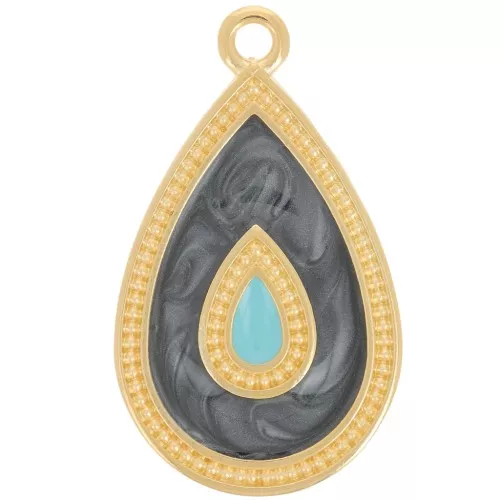 Colgante gota 27x16 mm con resina epoxi - Dorado con oro fino - Negro nacarado x1