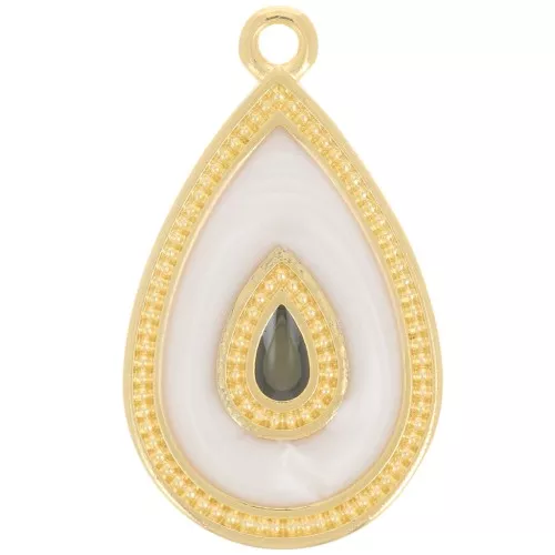 Colgante gota 27x16 mm con resina epoxi - Dorado con oro fino - Blanco nacarado x1