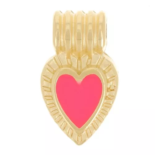 Mini colgante corazón estriado 15x7 mm - resina epoxi - Dorado con oro fino - Coral fluorescente
