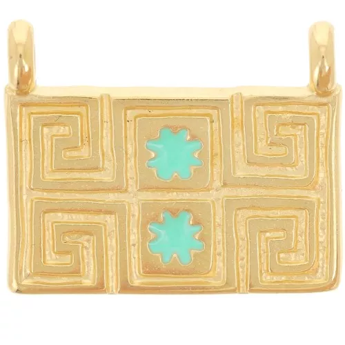 Colgante rectángulo 16x20 mm - Motivo étnico - Dorado con oro fino - Turquesa x1