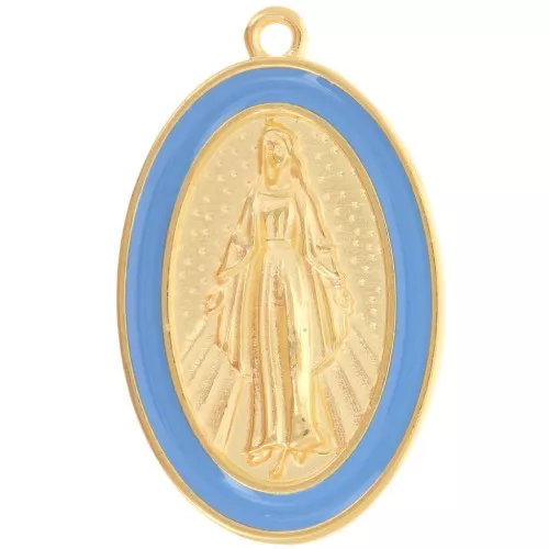 Colgante Virgen María oval 32x20 mm con resina epoxi - Dorado con oro fino - Azul