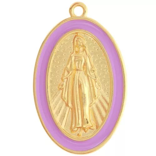 Colgante Virgen María oval 32x20 mm con resina epoxi - Dorado con oro fino - Lila