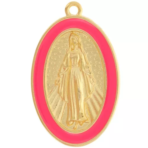 Colgante Virgen María oval 32x20 mm resina epoxi - Dorado oro fino - Coral fluorescente