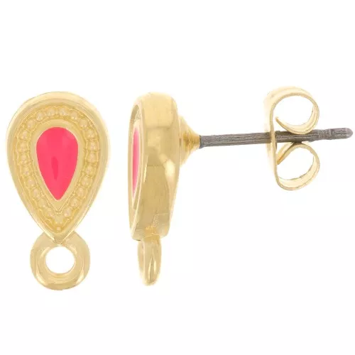 Pendientes 13x7 mm - resina epoxi - Dorado con oro fino - Coral fluorescente x2