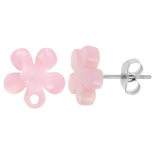 Pendientes flor de acetato 11 mm - carey - rosa nacarado x2