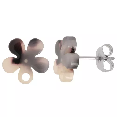 Pendientes flor de acetato 11 mm - carey - beige - negro x2