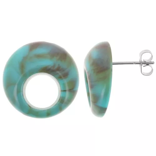 Pendientes redondos de acrílico hueco 20 mm - Turquesa jaspeada - Marrón x2