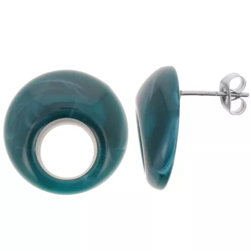 Pendientes redondos huecos de acrílico 20mm - Azul petróleo jaspeado x2