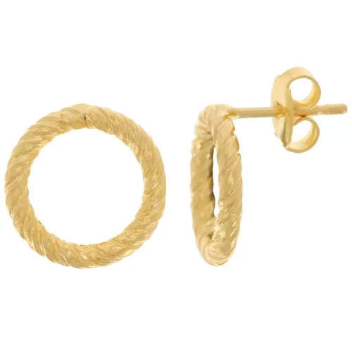 Pendientes, círculo hueco 14 mm, efecto trenzado - Dorado con oro fino x2
