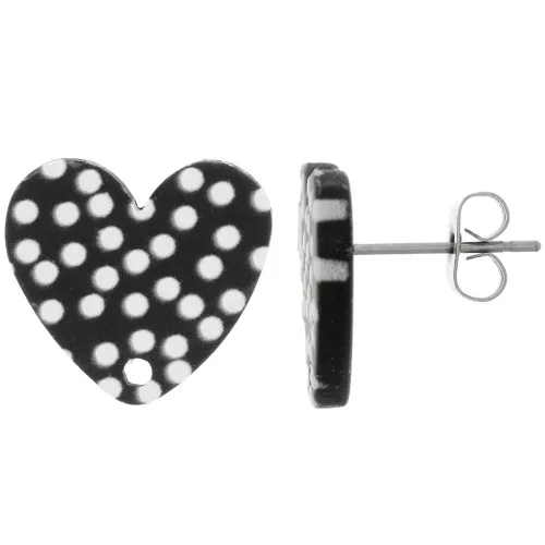 Corazón acrílico 14x15,5 mm - Lunares - Negro - Blanco x2