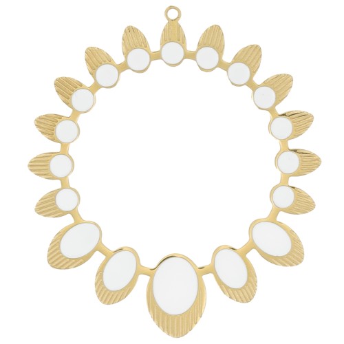 Colgante étnico redondo hueco de 34 mm con resina epoxi - Acero inoxidable dorado 316L - Blanco