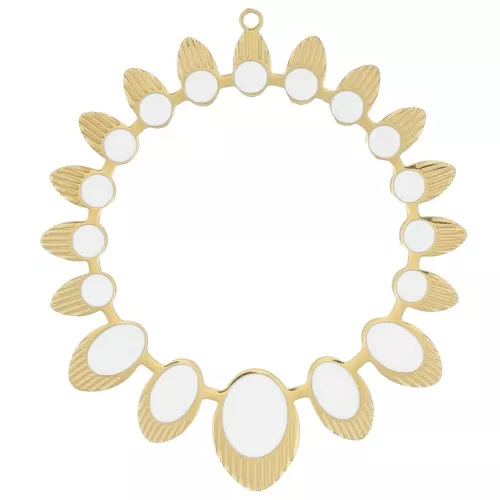 Colgante étnico redondo hueco de 34 mm con resina epoxi - Acero inoxidable dorado 316L - Blanco