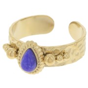 Anillo étnico - cabujón de gema S.52 a 56 - acero inoxidable chapado en oro 304L - Sodalita|raw }}