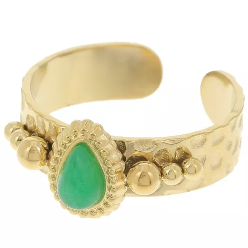 Anillo étnico - cabujón de gema S.52 a 56 Acero inoxidable 304L dorado - Aventurina