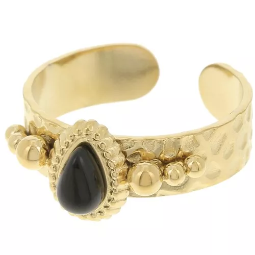 Anillo étnico - cabujón de piedra preciosa S.52 a 56 oro 304L acero inoxidable - ónix negro