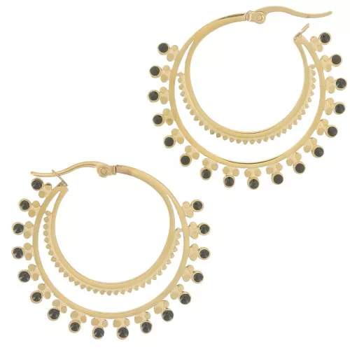 Pendientes de aro motivo oriental y resina epoxi 40 mm - Acero inoxidable 316L Dorado- Negro x2