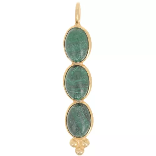 Colgante largo 32x6 mm con 3 piedras preciosas - Dorado con oro fino - Malaquita x1