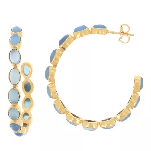 Pendientes criollos engastados con piedras preciosas - 43 mm - Dorado con oro fino - Calcedonia azul x2