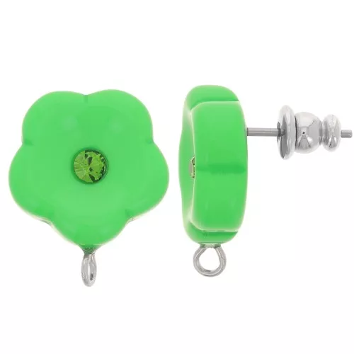 Pendientes flor de resina 15 mm con strass - Prairie Green x2