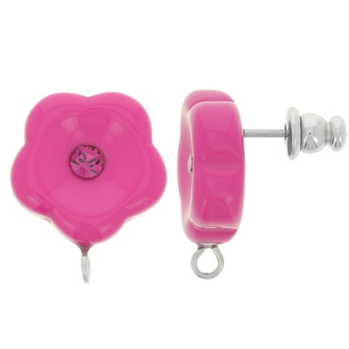 Pendientes flor de resina 15 mm con strass - Fucsia x2