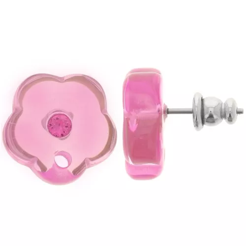 Ganchos pendientes flor de resina transparente de 15 mm con strass - Rosa x2